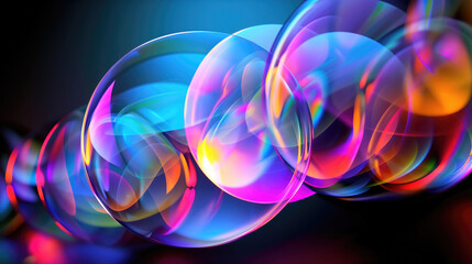 Sticker - Abstract background, multicolored neon glowing circles, balls shapes on black, modern art wallpaper.