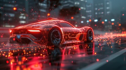 Sticker - Futuristic Red Sports Car on a Night City Street