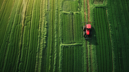 Aerial view of a red tractor working on a lush green farmland, showcasing modern agricultural practices and crop patterns.