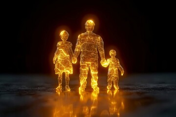 Wall Mural - Glowing family figures walking hand in hand illuminated in a golden light representing unity and warmth