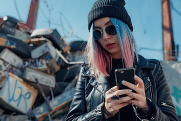 Outdoor portrait of blue-pink hair cool girl wearing black leather jacket, beanie and sunglasses, texting on smart phone. Industrial zone in the background 