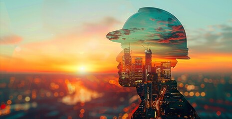 Double Exposure of Construction Worker and Cityscape at Sunset - Engineering Work Design Project Concept, features a double exposure of a construction worker and a vibrant cityscape at sunset, with th