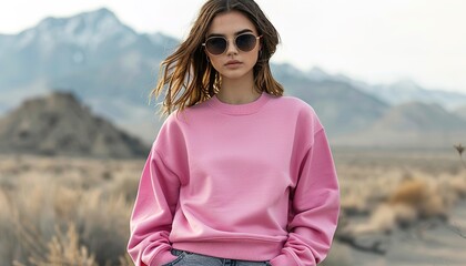 Canvas Print - Woman wearing a high-quality Flat Blank Plane crewneck Light Pink color Sweatshirt Mockup 