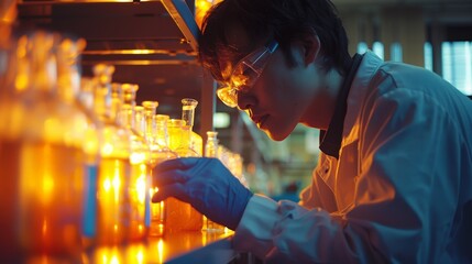 Wall Mural - A chemist conducting an experiment with glowing liquids