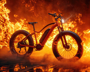 Electric fat bike burning in flames and smoke