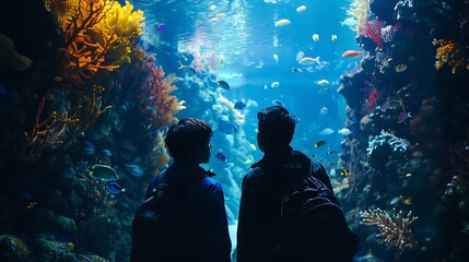 Wall Mural - Two friends having a fun day at an aquarium, with colorful fish and marine life in the background.