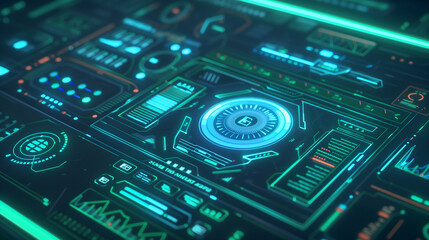 A computer screen with many different icons and buttons. Concept of technology and modernity