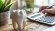 © Nattadesh - Close-up of a dental model on a desk with a person using a calculator, representing dental costs or budgeting for dental health.