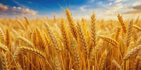 Wall Mural - Close up of golden wheat ready for harvest, agriculture, crop, field, farm, organic, growth, plant, nature, rural, harvest