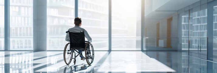 Aufkleber - Young man in wheelchair in a modern office with glass walls. Highlighting accessibility and inclusion in the professional environment.