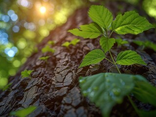 Wall Mural - Close-up of a Fresh Green Plant Emerging from the Rough Bark of a Tree in a Lush Forest Setting