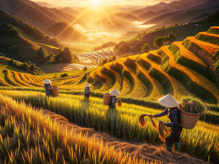 Wall Mural - harvest season in mu cang chai rice terraces, northern vietnam, south east asia under the sunset