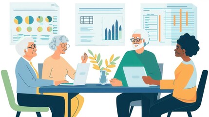 Poster - A group of elderly friends is collaborating on projects, sharing ideas, and enjoying each other's company at a community center. Generative AI