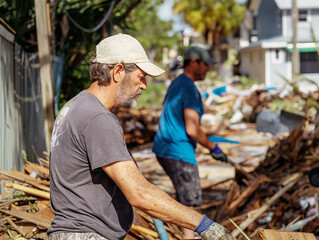 Residents cleaning up their properties after a hurricane, clearing debris, repairing homes, and rebuilding their lives, illustrating resilience and recovery