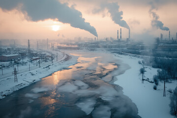 Canvas Print - An aerial view of an industrial zone with visible chemical pollution, dark smoke clouds rising from factories, and nearby areas affected by the spread of toxins