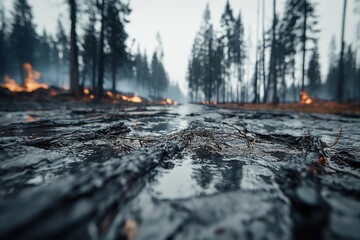 Sticker - A charred and blackened landscape after a wildfire has passed, with scorched trees and smoldering ground, highlighting the aftermath and environmental devastation