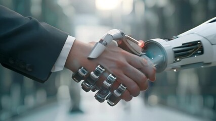 Aufkleber - A robot hand shakes a human hand. The robot is white and has a black face