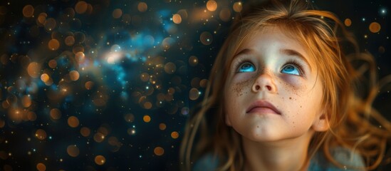 Wall Mural - Little girl looking up at the night sky with wonder and curiosity