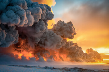 Canvas Print - A dramatic scene of a nuclear plant explosion, with clouds of smoke and fire billowing into the sky, highlighting the immediate impact of the accident