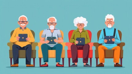 Aufkleber - Four elderly individuals sit in comfortable chairs, actively using tablets while enjoying each other's company in a cheerful environment. Generative AI