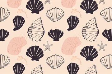 Naklejka na meble Hand drawn vector illustrations - seamless pattern of seashells. Marine background.. Beautiful simple AI generated image in 4K, unique.