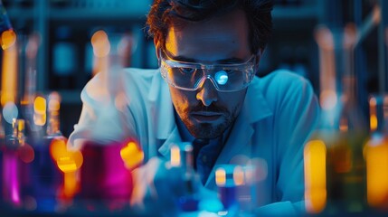 Wall Mural - A chemist working with colorful reagents in a fume hood