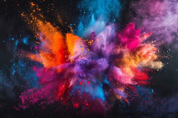 Wall Mural - Colorful holi powder explosion isolated on black background. Multicolored holi bomb burst . Creativity and abstract art concept.