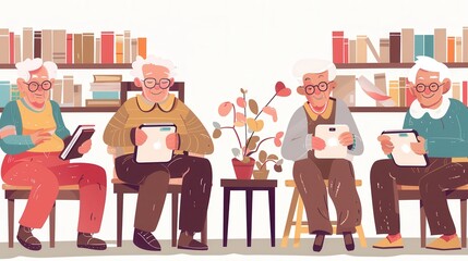 Leinwandbilder - A group of elderly individuals sits comfortably in a library, enjoying leisure activities with their tablets and sharing smiles, surrounded by books. Generative AI