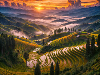 Wall Mural - landscape of rice terraces in harvest season under the sunset in ha giang, vietnam