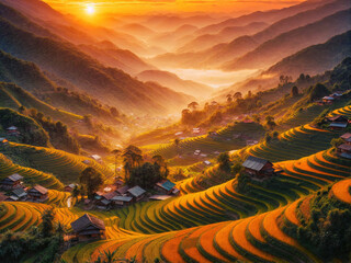 Wall Mural - landscape of rice terraces in harvest season under the sunset in ha giang, vietnam
