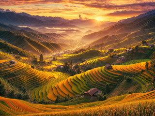 Wall Mural - landscape of rice terraces in harvest season under the sunset in ha giang, vietnam