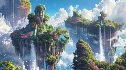 Floating islands with lush vegetation and colorful waterfalls cascading into the sky