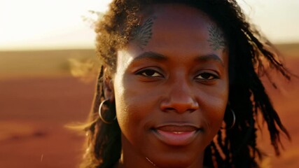 Wall Mural - A woman with dreadlocks and tattoos on her face stands in a desert. She has a serious expression on her face