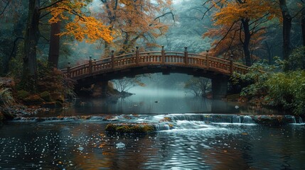 Poster - Misty Bridge in Autumn Forest