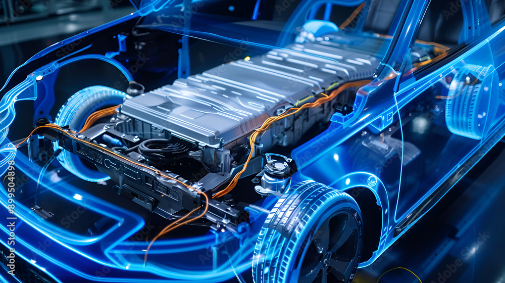 An electric car lithium battery pack is illustrated with power ...