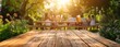 © Simon - Empty wooden table and blurred view of a group of people having BBQ barbecue outdoors. Wood desk in front of a natural garden background. Summer lifestyle concept.