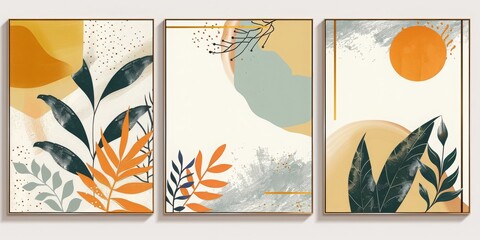 Plant art design on a set of canvases with abstract foliage