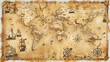 © Studios - Vector illustration of a vintage map of the Caribbean Sea on worn parchment featuring ships islands land wind rose and cardinal points with a fantasy world design