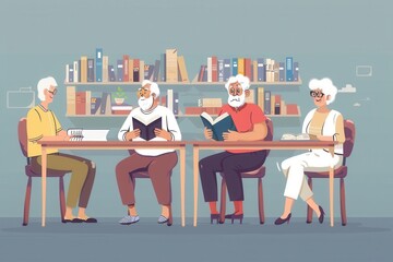 Poster - Elderly individuals are studying foreign languages using textbooks and dictionaries together in a cozy library setting filled with books. Generative AI