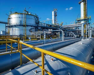 Chemical Plant with Large Tanks and Pipes in Industrial Landscape Under Blue Sky