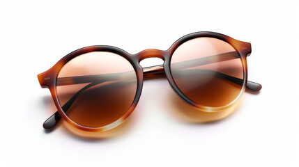 Poster - A pair of stylish tortoiseshell sunglasses with brown-tinted lenses lies against a clean, white background, showcasing elegance and simplicity.