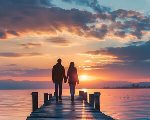 Wall Mural - Couple Walking on Pier Holding Hands During Romantic Sunset Over Serene Water