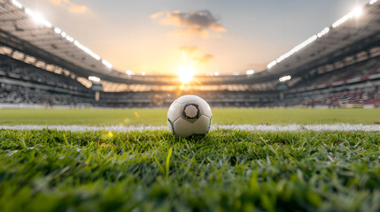 Wall Mural - Soccer Ball on Stadium Field at Sunset