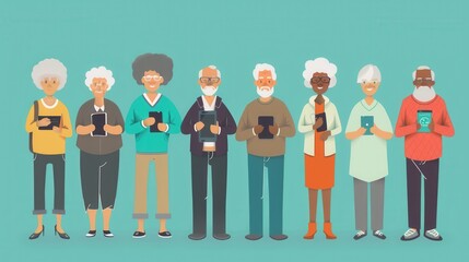 Aufkleber - A group of elderly people is actively using mobile devices, showcasing their engagement with technology in a lively and vibrant environment. Generative AI