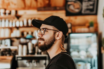 Wall Mural - A man with a black hat and glasses is standing in a coffee shop