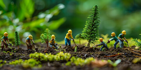 Miniature workers planting trees in a lush green environment