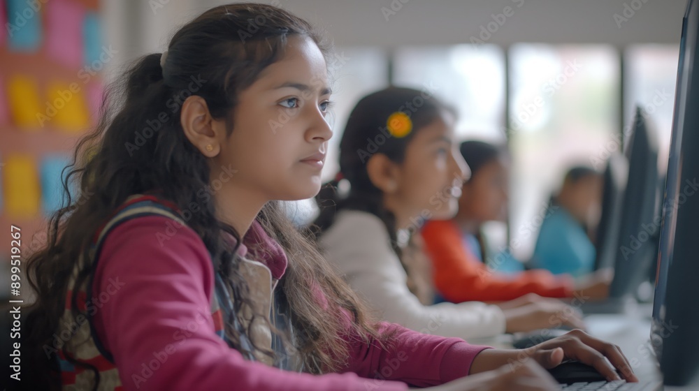 Indian School girl Focused on Computer Programming in Classroom with ...