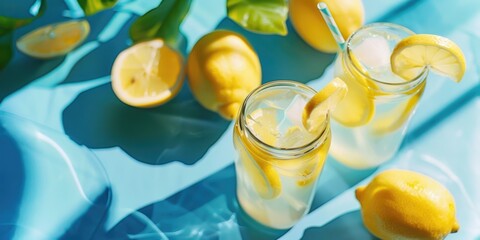 Two glasses of lemonade with a lemon slice in each