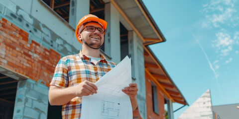 Happy architect with blueprints in front of a new building