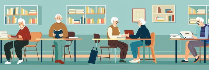 Poster - Seniors are focused on studying foreign languages with textbooks and dictionaries in a bright and inviting classroom atmosphere. Generative AI
